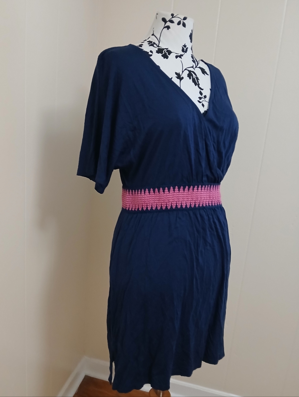 Lascana Navy V-Neck Dress with Pink Smocked Waistband